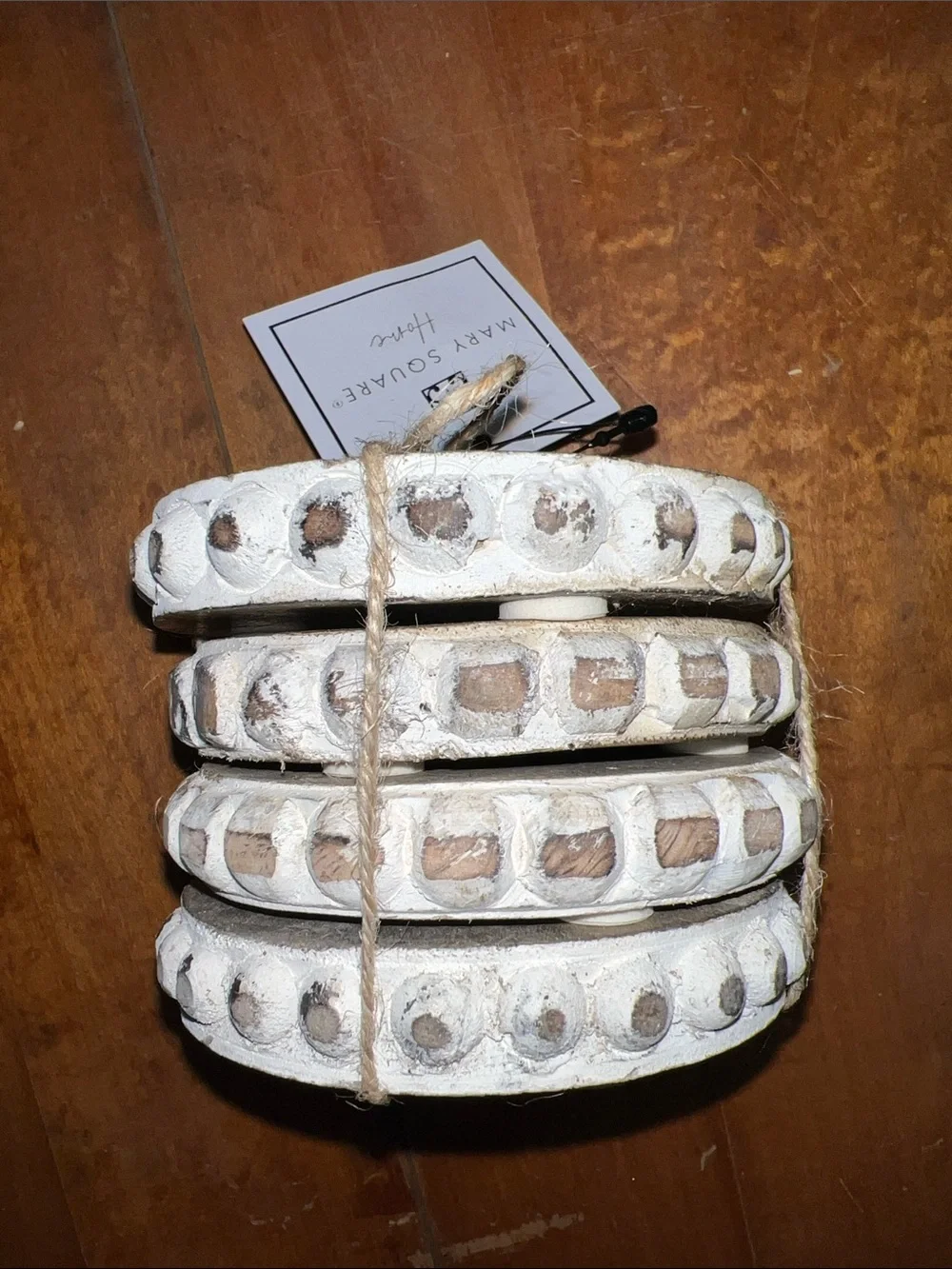 Mary Square Wooden Scalloped Coaster Set with Twine Tie - Natural Wood -set of 4